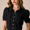 Women's Black Chelsea Collar Lace Trim Cotton Blouse