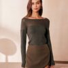 The Army Green Boat Neck Sheer Knit Top