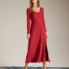 The Red Ribbed Side Split A-Line Maxi Dress