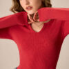 Women's Red Long Sleeve Ribbed Knit Top