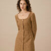 Brown U Neck Button-Up Tweed Mini Dress